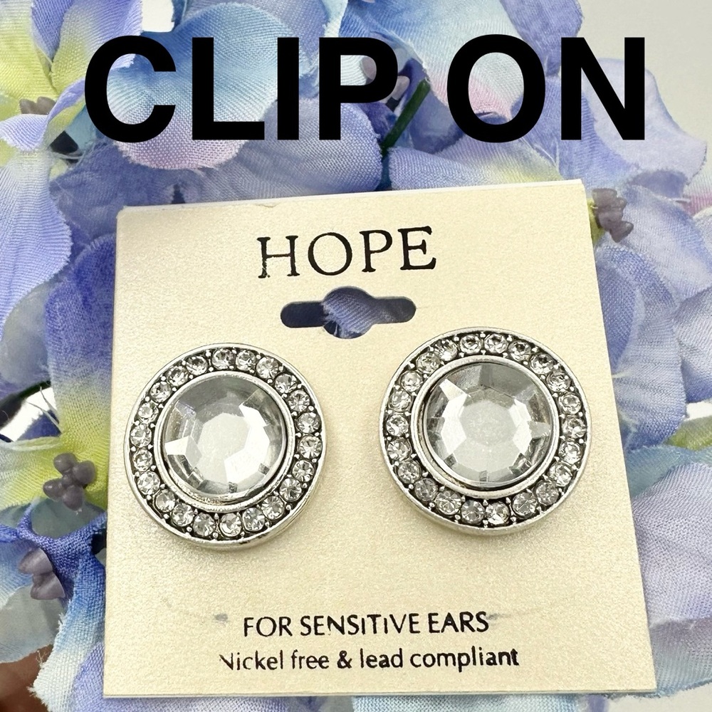 Clip On Round Button Silver Tone Rhinestone Earrings